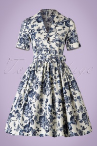 Collectif Clothing - Janet Toile Floral Shirt Dress Années 50 en Blanc et Bleu 4