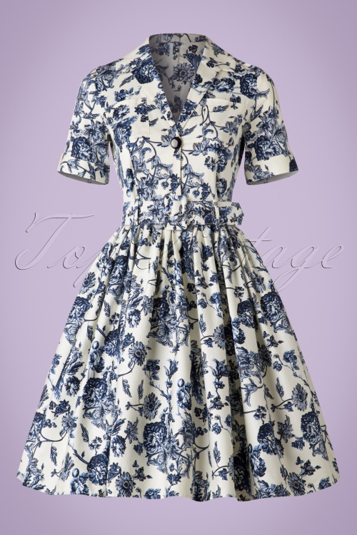 Collectif Clothing - Janet Toile Floral Shirt Dress Années 50 en Blanc et Bleu 4