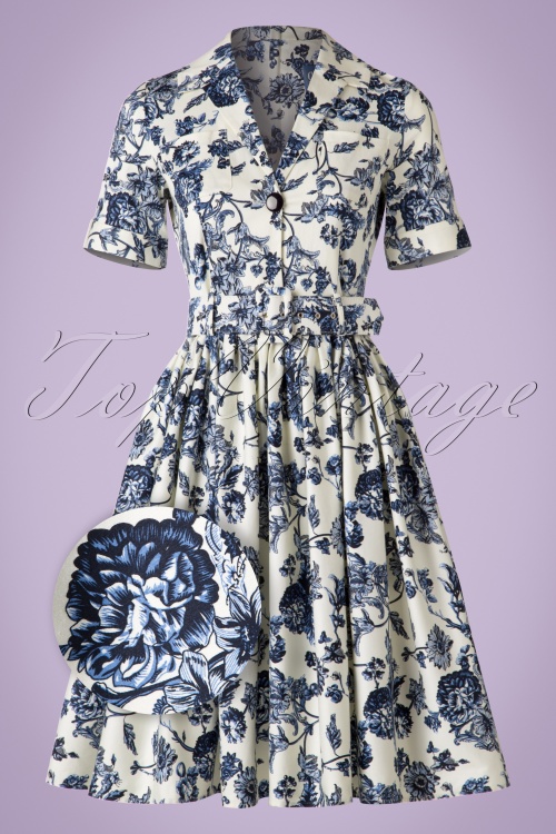 Collectif Clothing - Janet Toile Floral Shirt Dress Années 50 en Blanc et Bleu 2
