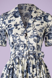 Collectif Clothing - 50s Janet Toile Floral Shirt Dress in White and Blue 5
