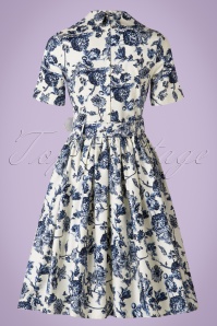 Collectif Clothing - 50s Janet Toile Floral Shirt Dress in White and Blue 7
