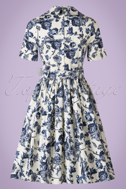 Collectif Clothing - Janet Toile Floral Shirt Dress Années 50 en Blanc et Bleu 7