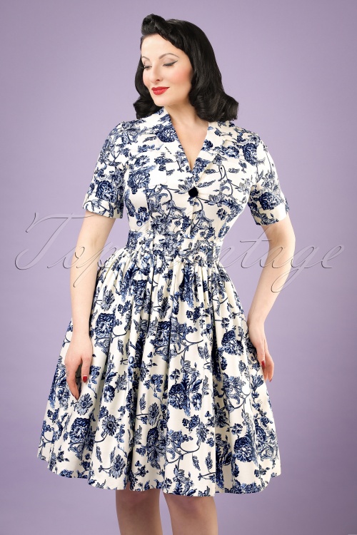Collectif Clothing - 50s Janet Toile Floral Shirt Dress in White and Blue