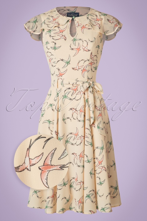 Collectif Clothing - 40s Tamara Swallow Swing Dress in Cream 2