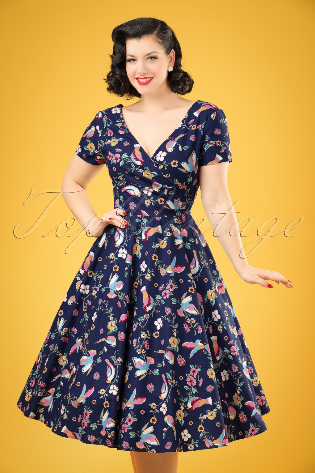 50s Maria Charming Birds Swing Dress in Dark Blue