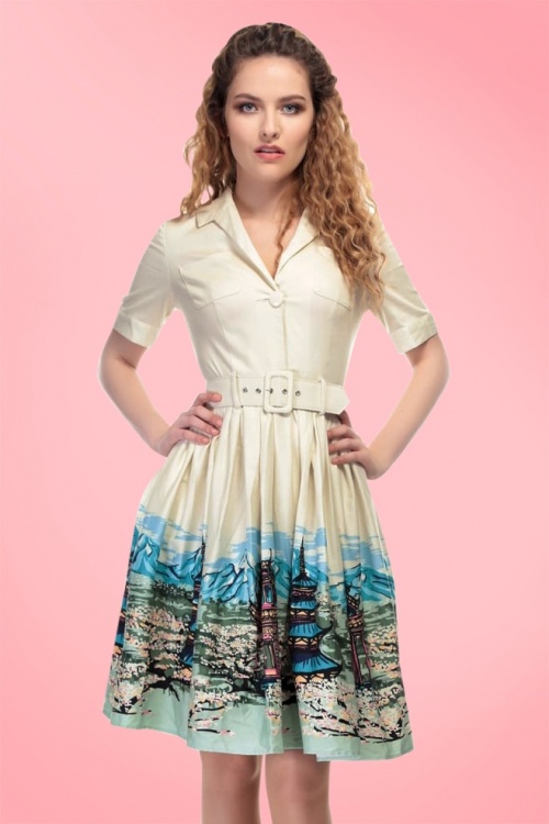 Collectif Clothing - Janet Scenic Mountain blouse-jurk in crème 7