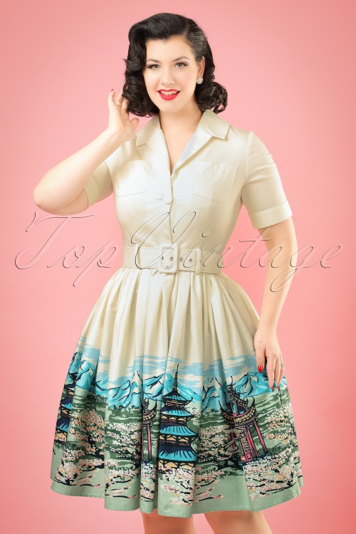 Collectif Clothing - Janet Scenic Mountain Shirt Dress Années 50 en Crème