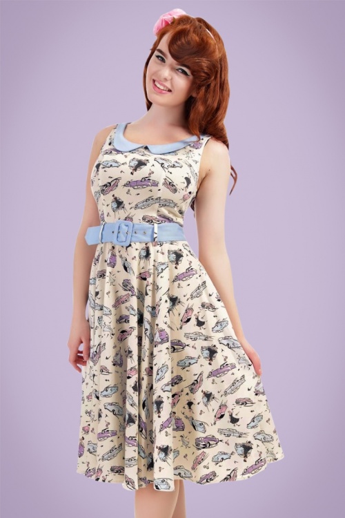Collectif Clothing - 50s Kitty Car Swing Dress in Ivory 4