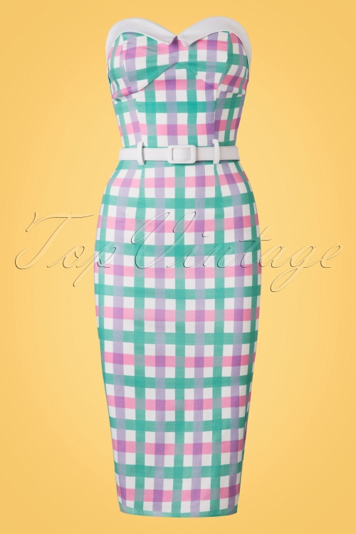 Collectif Clothing - 50s Monica Candy Gingham Pencil Dress in Pastel 2