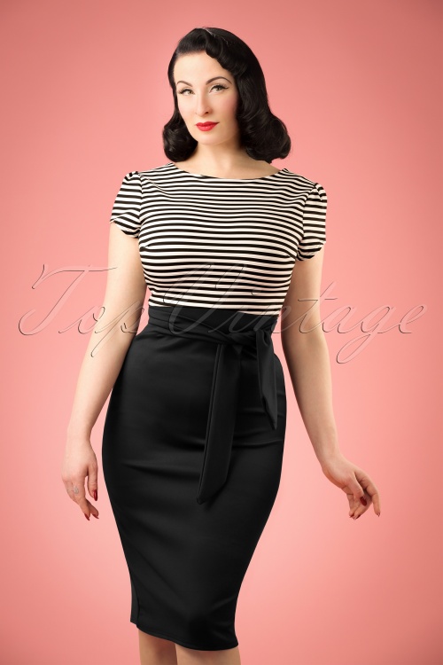 Topvintage Exclusive ~ 50s Rebecca Stripes Pencil Dress In Black And White