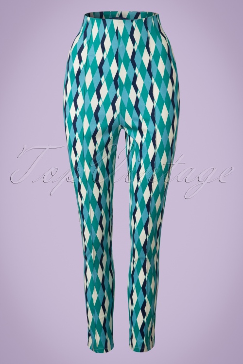 Collectif Clothing - 50s Bonnie Atomic Harlequin Trousers in Blue and Jade 2
