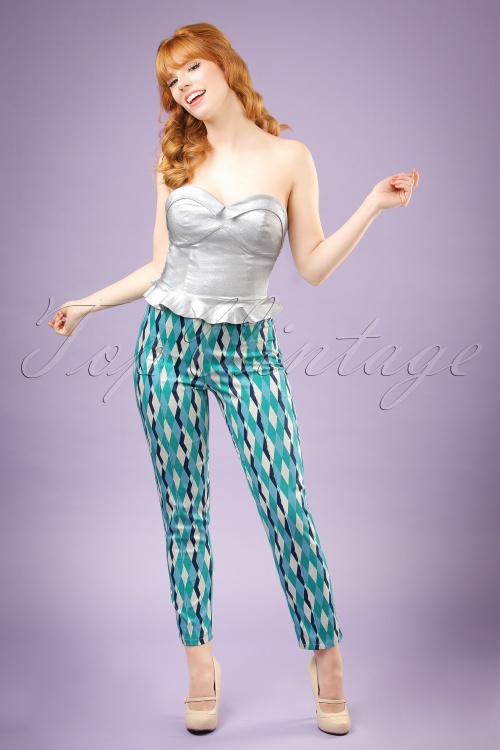 Collectif Clothing - Bonnie Atomic Harlequin Trousers Années 50 en Bleu et Jade