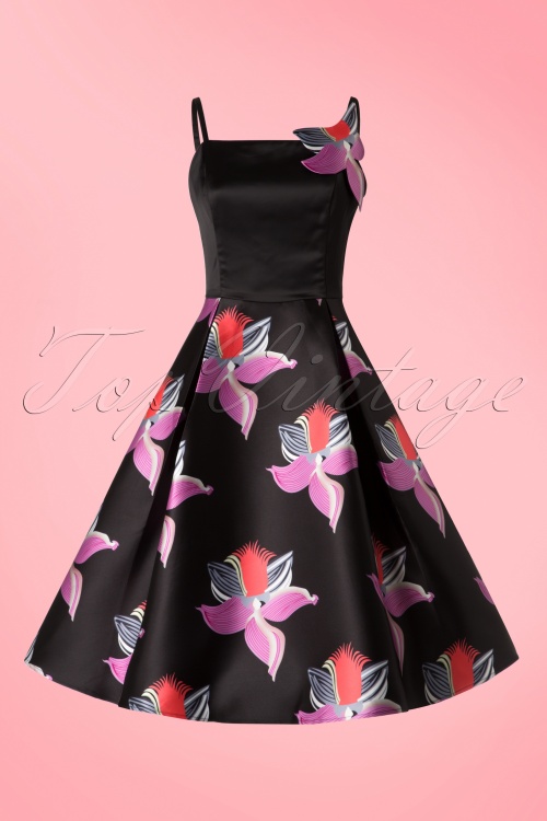 Collectif Clothing - 50s Linette Orchid Swing Dress in Black 2