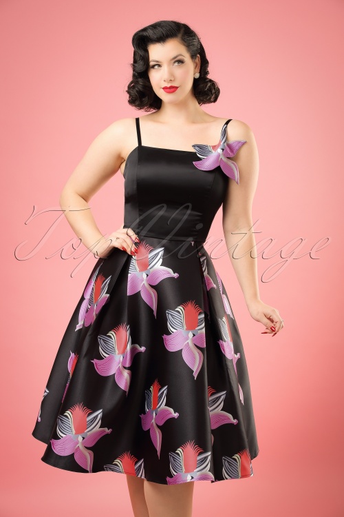 Collectif Clothing - 50s Linette Orchid Swing Dress in Black