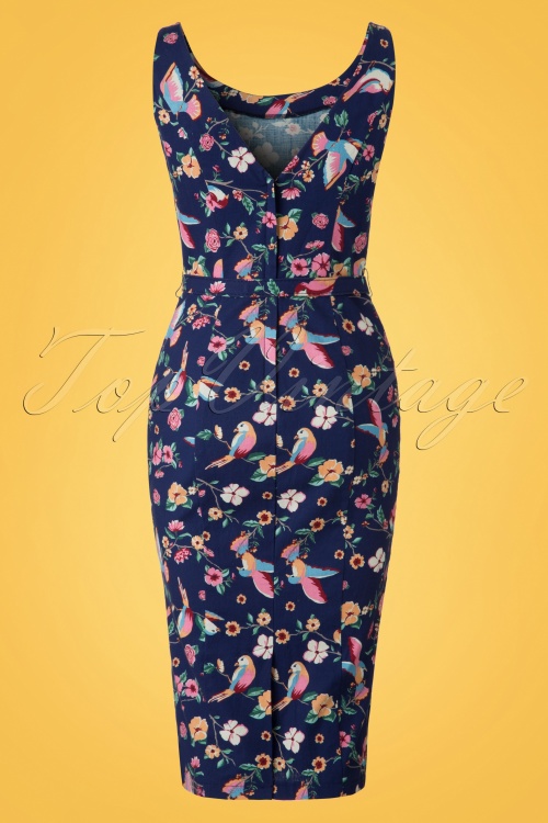 Collectif Clothing - Ines Charming Bird Pencil Dress in Navy 4
