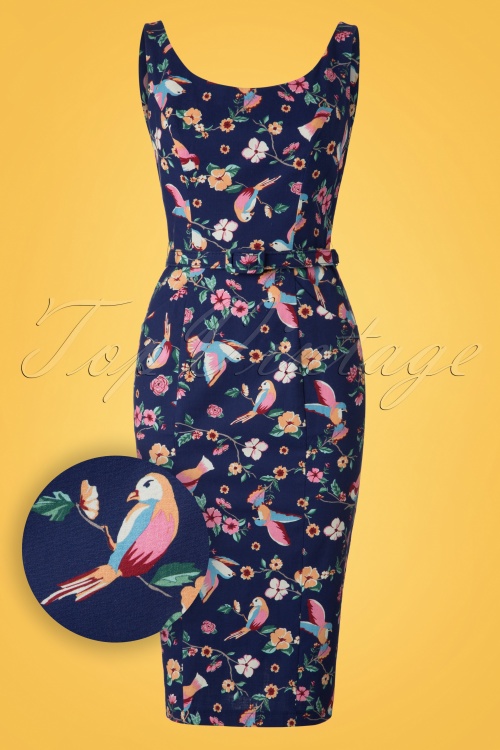 Collectif Clothing - 50s Ines Charming Bird Pencil Dress in Navy 2