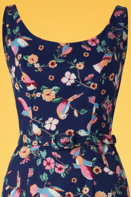 Collectif Clothing - Ines Charming Bird Pencil Dress Années 50 en Bleu Marine 3