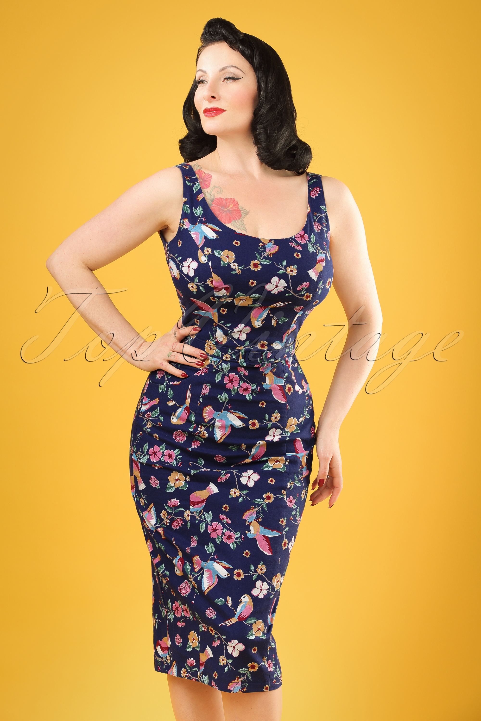 Collectif Clothing - Ines charmante vogelpenciljurk in marineblauw