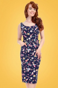Collectif Clothing - 50s Ines Charming Bird Pencil Dress in Navy 6