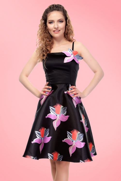Collectif Clothing - 50s Linette Orchid Swing Dress in Black 9