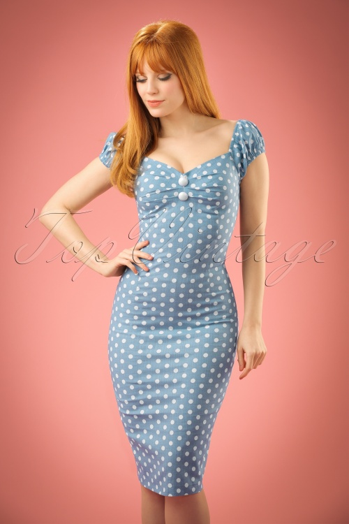 Collectif Clothing - Dolores Polkadot Kleid in Hellblau und Weiß