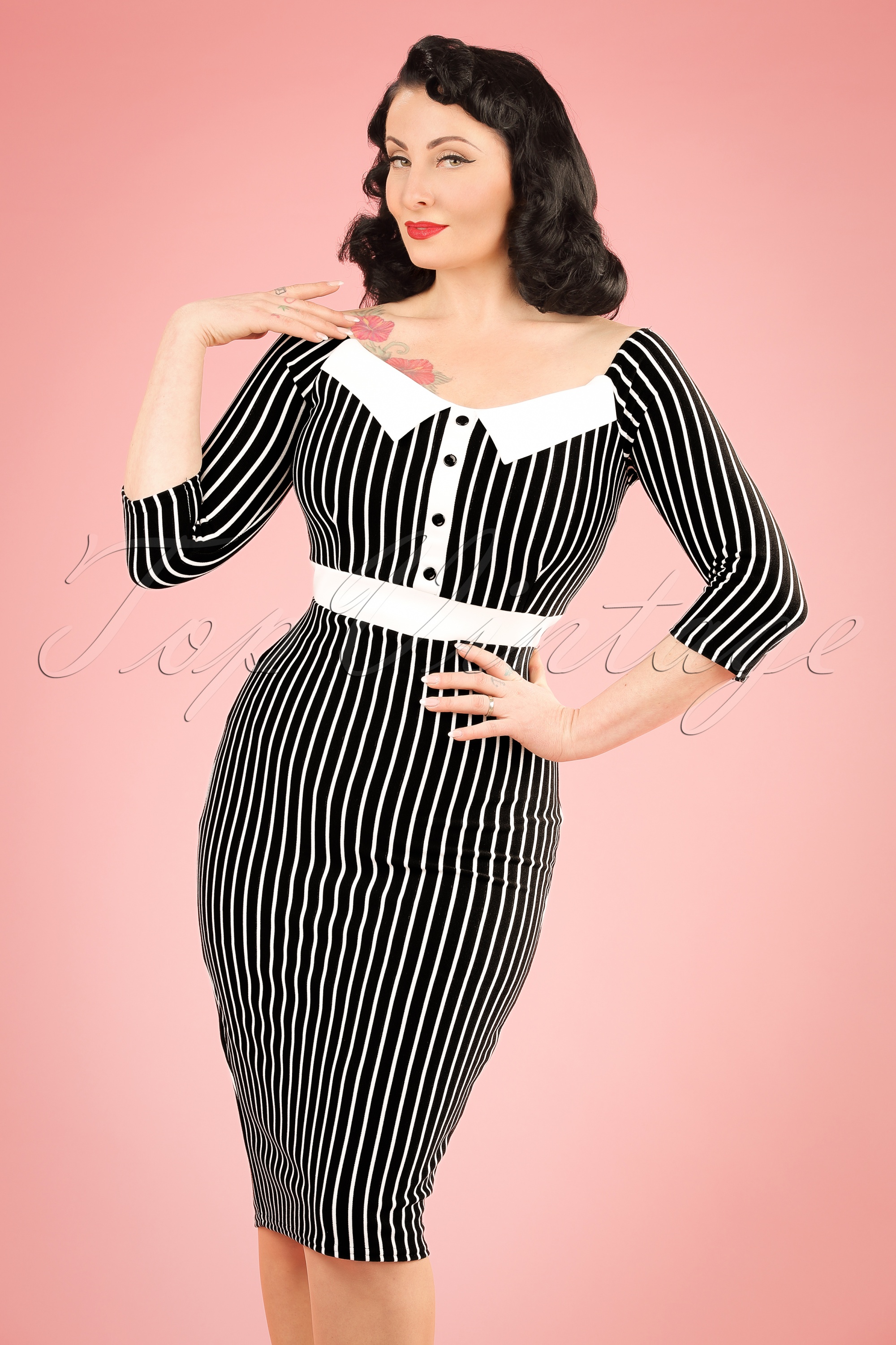 Vintage Chic for Topvintage - Sally Secretary gestreepte penciljurk in zwart en wit