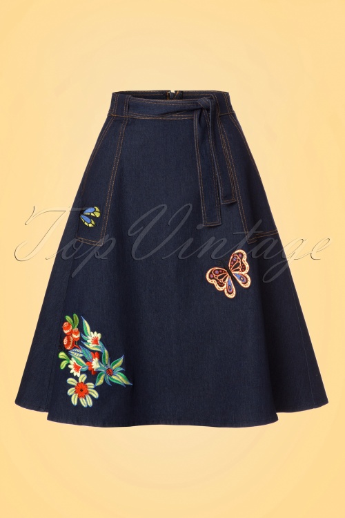 Vixen - 60s Naomi Embroidered Skirt in Denim