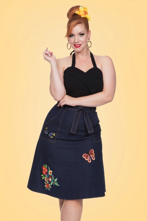 Vixen - 60s Naomi Embroidered Skirt in Denim 2