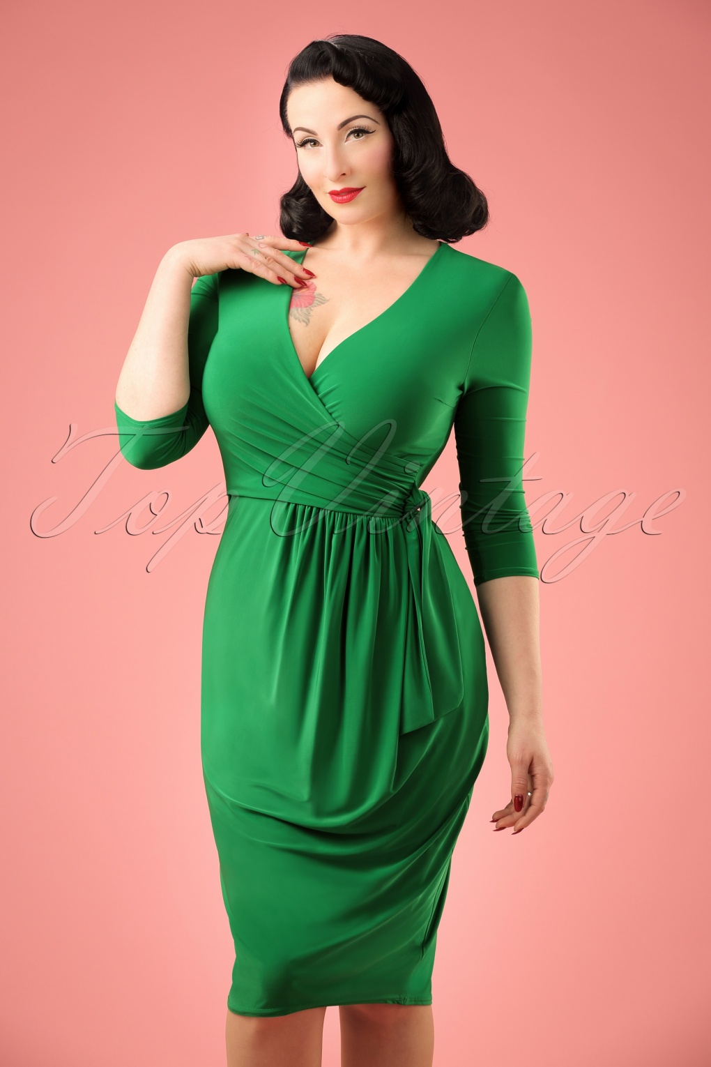 50s Layla Cross Over Pencil Dress in Emerald Green