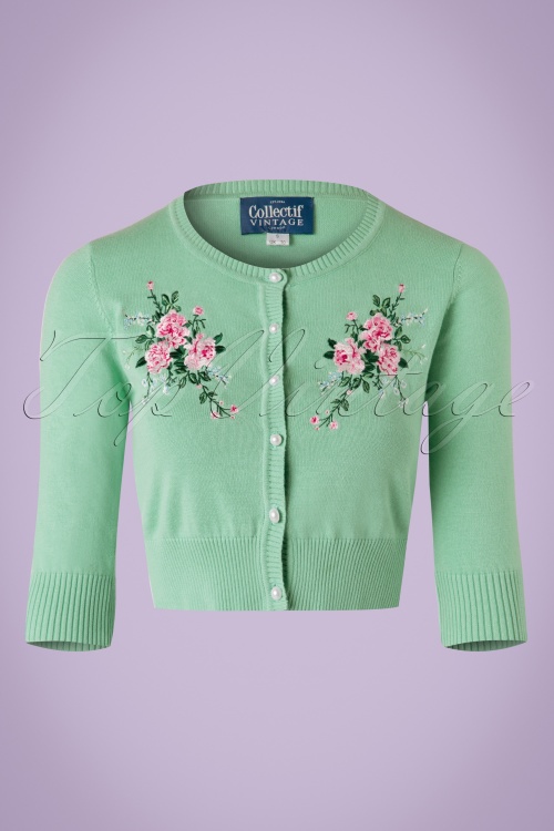 Collectif Clothing - Lucy Romantic Floral Cardigan Années 50 en Vert Antique 2