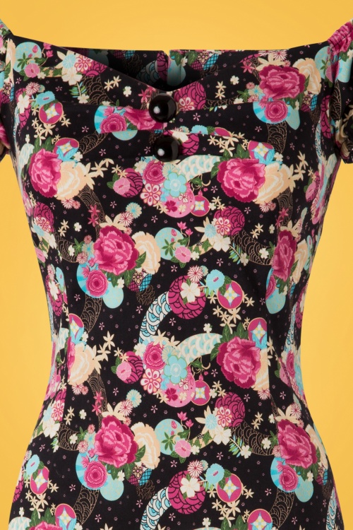 Collectif Clothing - Dolores pioenroos bloemenjurk in zwart 3