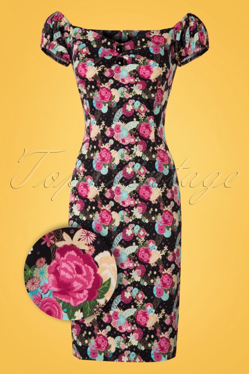 Collectif Clothing - Dolores pioenroos bloemenjurk in zwart 2