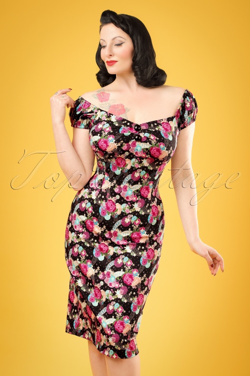 Collectif Clothing - Dolores Peony Floral Dress Années 50 en Noir