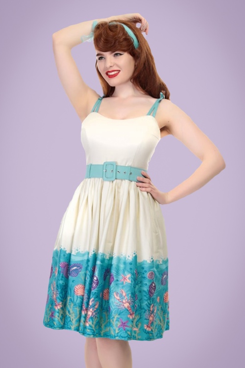 Collectif Clothing - 50s Jade Seashell Border Swing Dress in Cream 8
