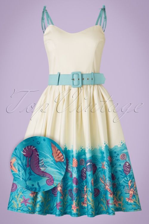 Collectif Clothing - Jade Seashell Border Swing Dress Années 50 en Crème 2