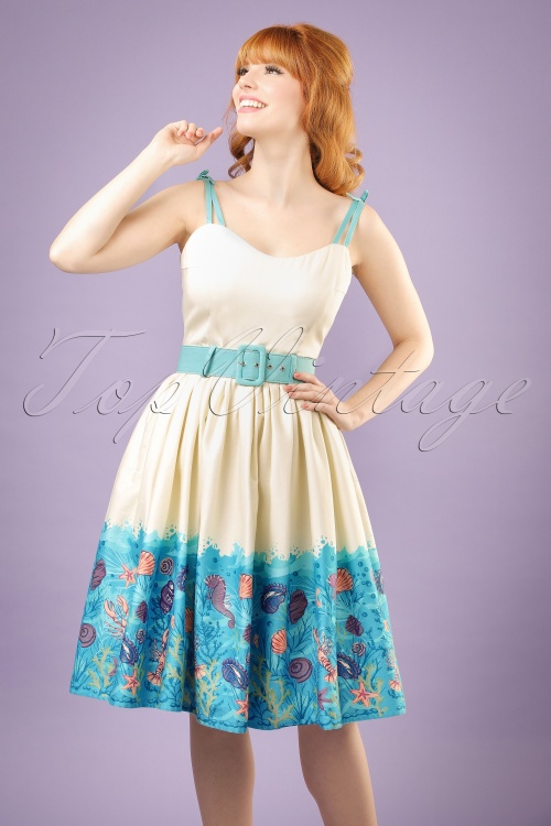 Collectif Clothing - Jade Seashell Border Swing-jurk in crème