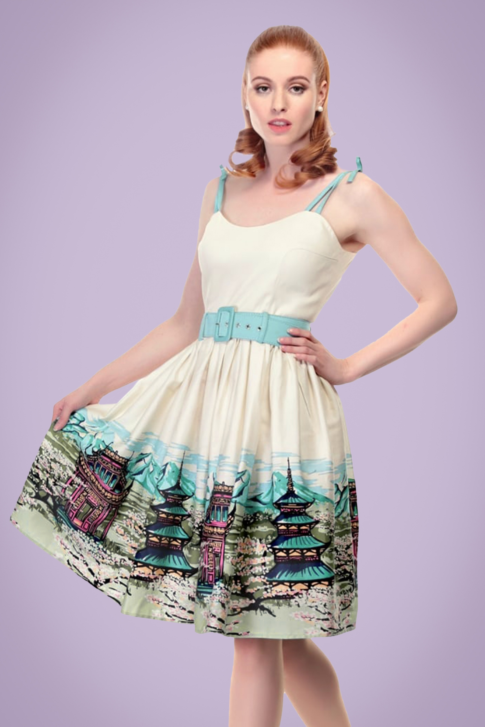 Collectif Clothing - Jade Pagoda Border Swing-jurk in crème 8