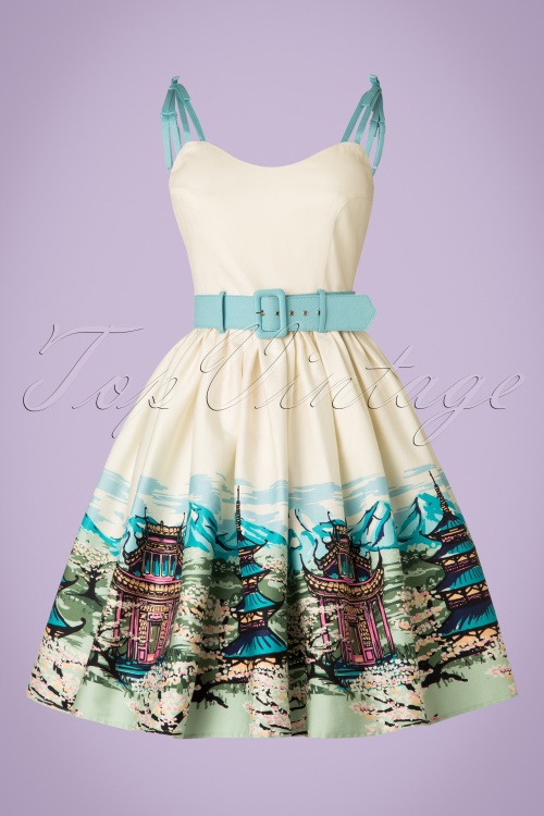 Collectif Clothing - Jade Pagoda Border Swing-jurk in crème 3