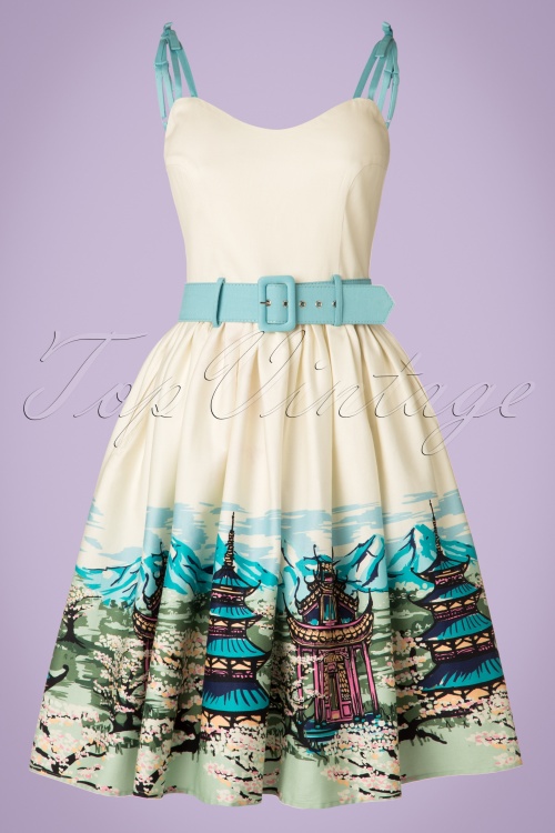 Collectif Clothing - 50s Jade Pagoda Border Swing Dress in Cream 2