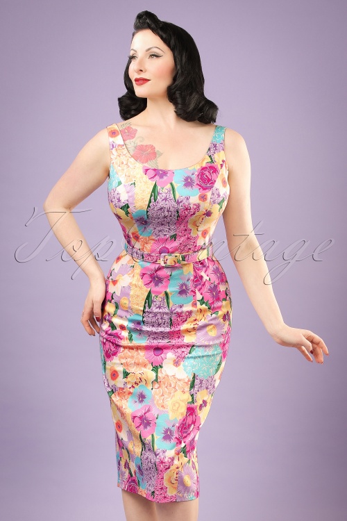 Collectif Clothing - 50s Ines English Garden Pencil Dress in Multi
