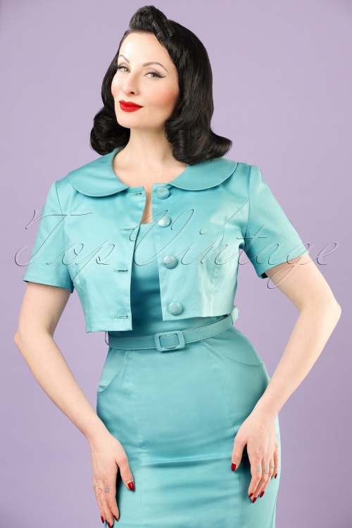 Collectif Clothing - Ellie Cropped Jacket Années 50 en Bleu Clair