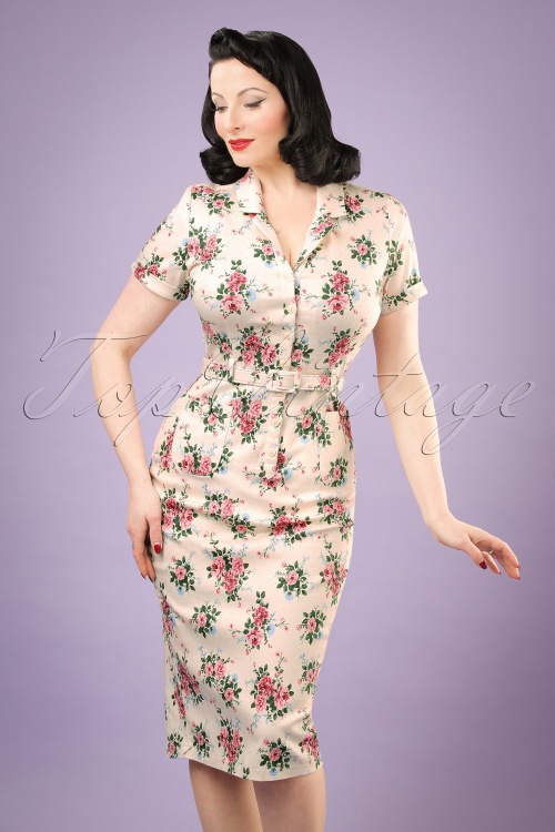Collectif Clothing - 40s Caterina Floral Pencil Dress in Beige