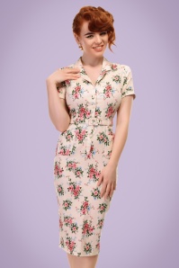 Collectif Clothing - Caterina Floral Pencil Dress Années 40 en Beige 7