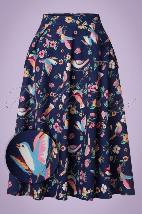 Collectif Clothing - Theodora Charming Birds Swingrok in donkerblauw 2