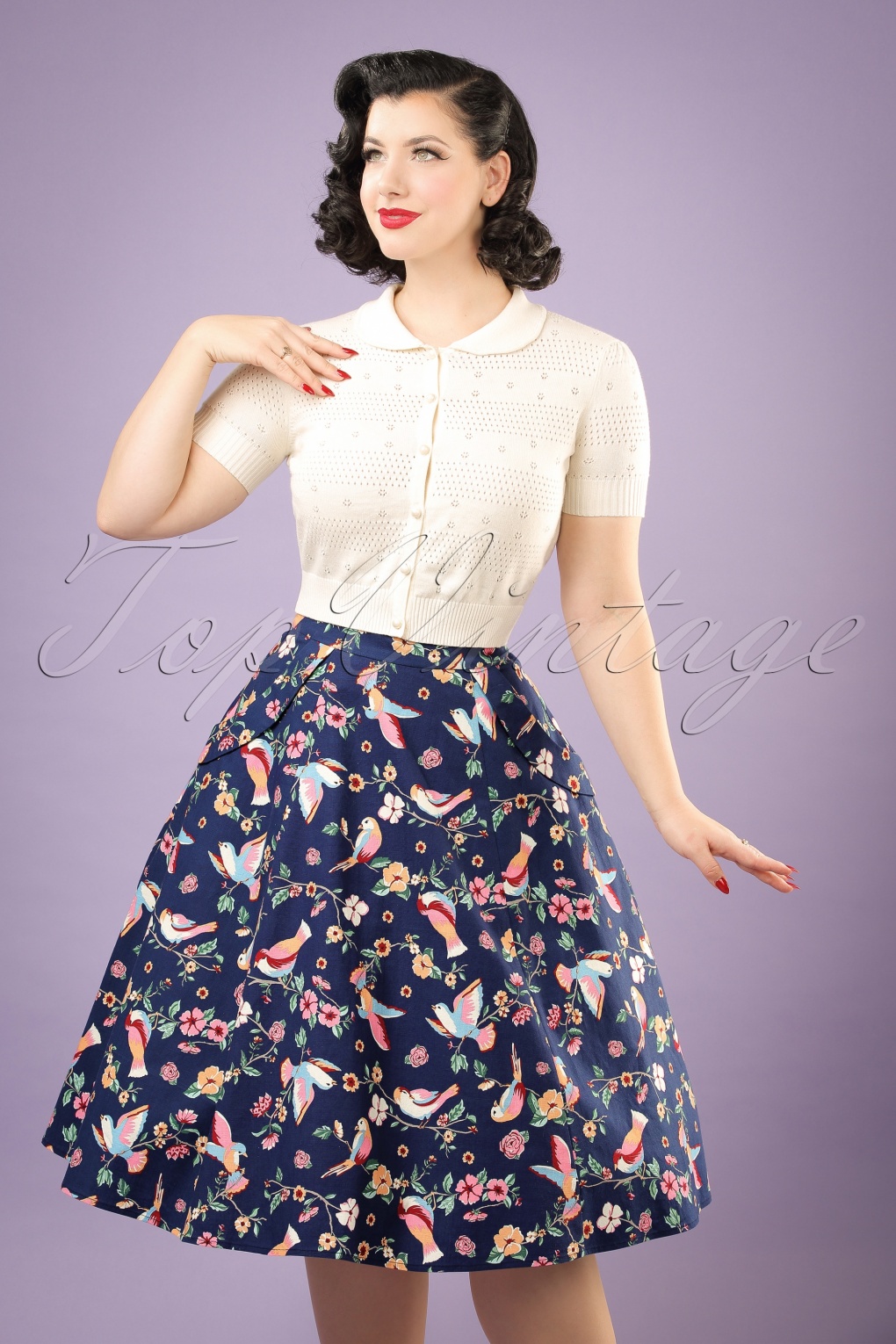 50s Theodora Charming Birds Swing Skirt in Dark Blue