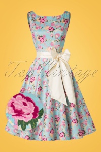 Collectif Clothing - Margaret Peony Floral Swing Dress Années 50 en Bleu Clair 2