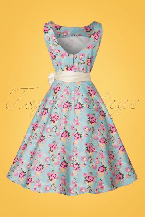 Collectif Clothing - Margaret Peony Floral Swing Dress Années 50 en Bleu Clair 5
