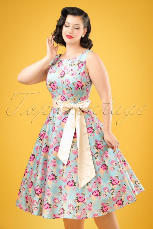 Collectif Clothing - 50s Margaret Peony Floral Swing Dress in Light Blue