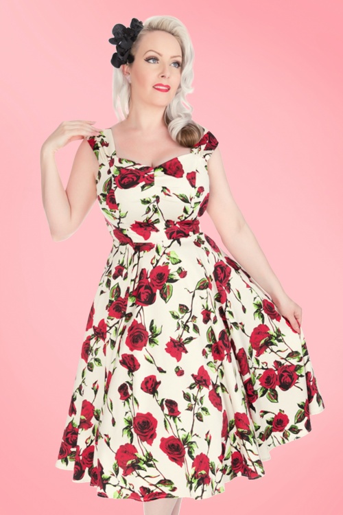 Hearts & Roses - 50s Ditsy Roses Swing Dress in Ivory