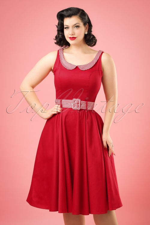 Collectif Clothing - 50s Kitty Gingham Swing Dress in Dark Red